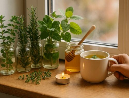 Heilkräuter im Winter: Welche Kräuter wachsen jetzt wirklich gut? 9 Fensterbank mit frischen Heilkräutern im Winter, darunter Minze, Rosmarin und Thymian in Gläsern, dazu eine Tasse heißer Kräutertee, Honig und Kerzenlicht für eine warme, natürliche Winteratmosphäre.