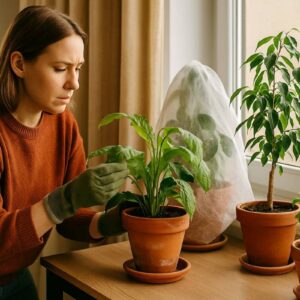 Frau überprüft im Innenraum mehrere Topfpflanzen beim Pflanzen überwintern, während sie Blätter kontrolliert und ein eingepacktes Gewächs am Fenster steht.