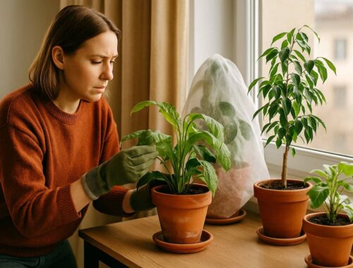 Frau überprüft im Innenraum mehrere Topfpflanzen beim Pflanzen überwintern, während sie Blätter kontrolliert und ein eingepacktes Gewächs am Fenster steht.