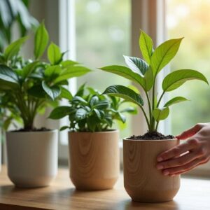 Hand entfernt Schimmel auf Blumenerde in einemBlumentopf, in einem hellen Wohnzimmer mit mehreren gesunden Zimmerpflanzen, natürliches Licht und biophiles Wohnambiente.
