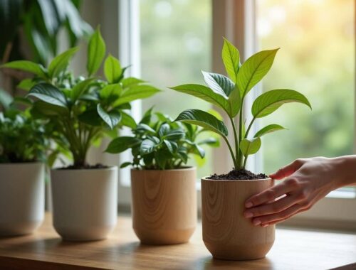 Hand entfernt Schimmel auf Blumenerde in einemBlumentopf, in einem hellen Wohnzimmer mit mehreren gesunden Zimmerpflanzen, natürliches Licht und biophiles Wohnambiente.