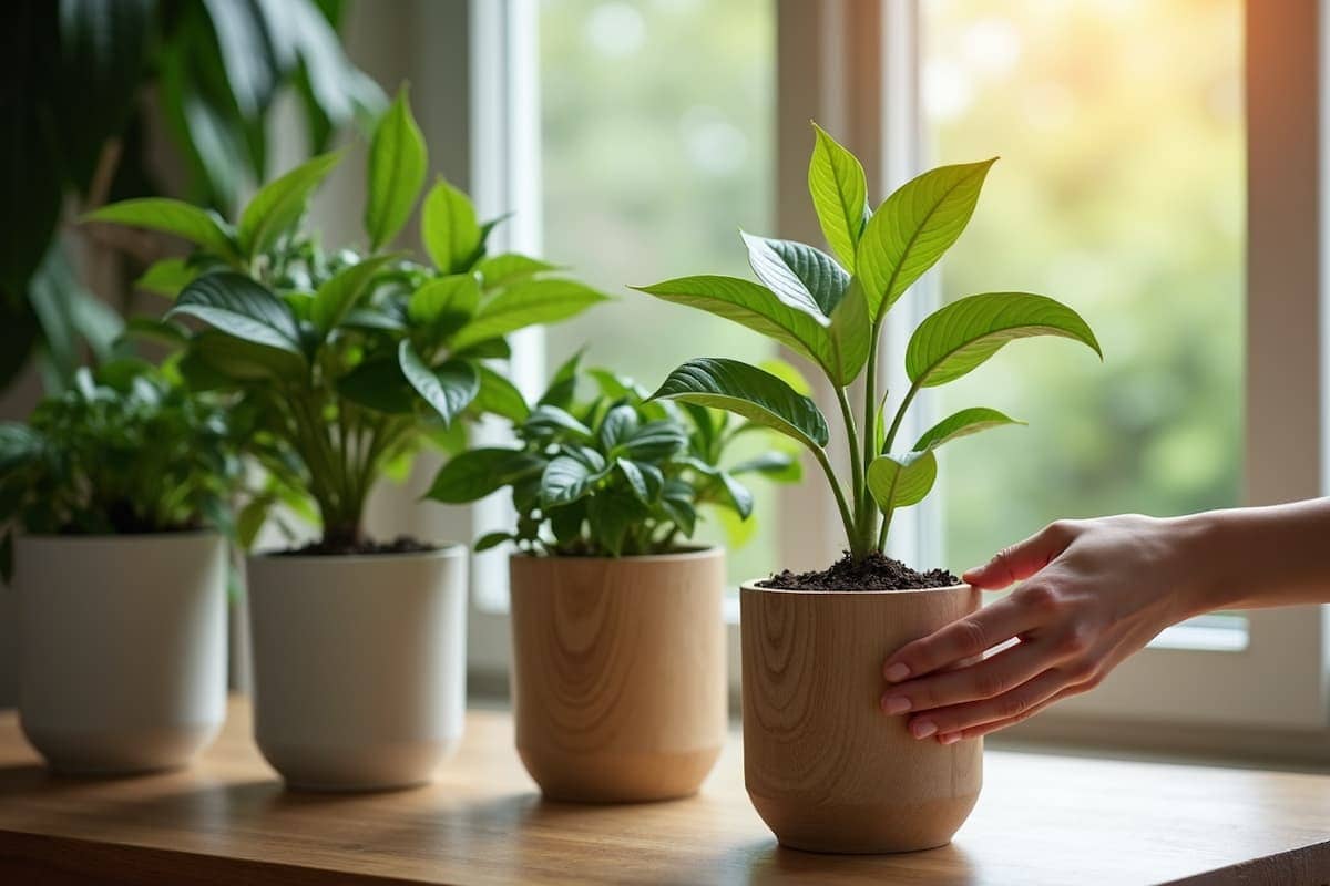 Hand entfernt Schimmel auf Blumenerde in einemBlumentopf, in einem hellen Wohnzimmer mit mehreren gesunden Zimmerpflanzen, natürliches Licht und biophiles Wohnambiente.