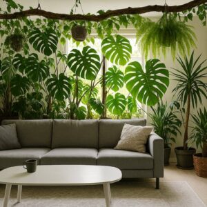 Helles Urban Jungle Wohnzimmer mit grauem Sofa, weißem Tisch und vielen großen Zimmerpflanzen wie Monstera und Farn vor einem sonnigen Fenster.