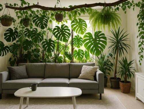 Helles Urban Jungle Wohnzimmer mit grauem Sofa, weißem Tisch und vielen großen Zimmerpflanzen wie Monstera und Farn vor einem sonnigen Fenster.