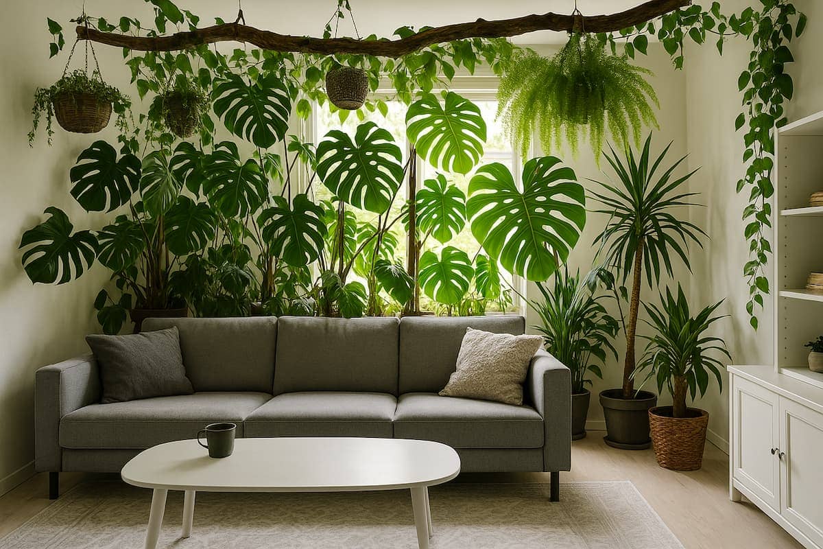 Helles Urban Jungle Wohnzimmer mit grauem Sofa, weißem Tisch und vielen großen Zimmerpflanzen wie Monstera und Farn vor einem sonnigen Fenster.