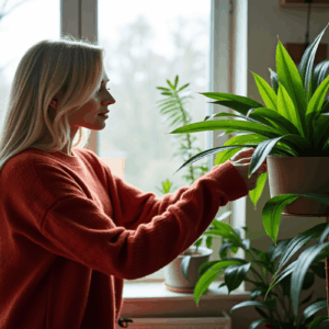 eine Frau schaut sich ihre Zimmerpflanzen für Halbschatten an