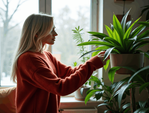eine Frau schaut sich ihre Zimmerpflanzen für Halbschatten an