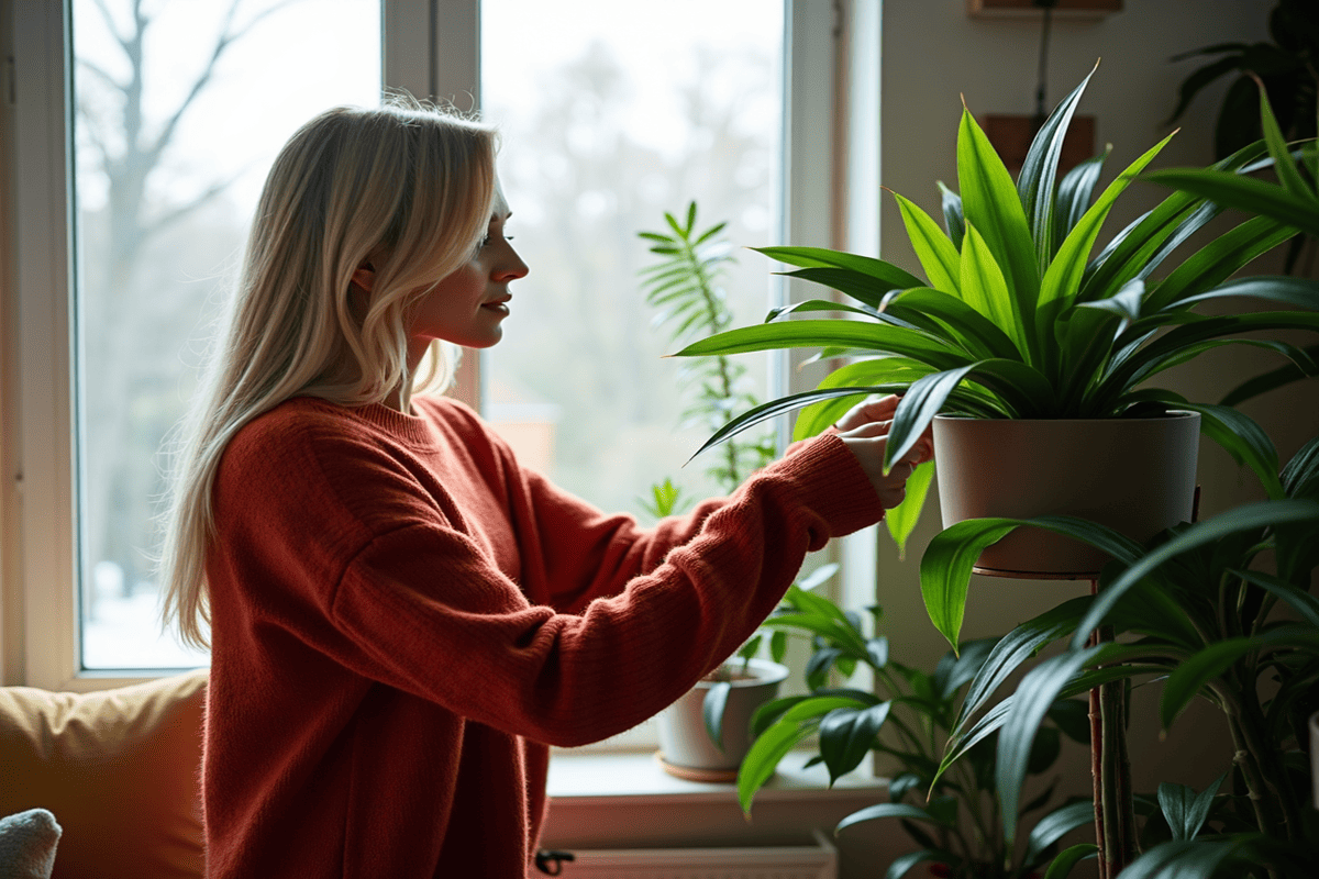 eine Frau schaut sich ihre Zimmerpflanzen für Halbschatten an