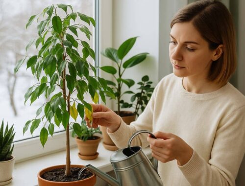 Frau überprüft gelbe Blätter einer Zimmerpflanze am Winterfenster und gießt sie vorsichtig – typische Pflege für Zimmerpflanzen Winter.