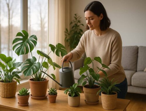 Eine Person gießt im hellen Wohnzimmer mehrere Zimmerpflanzen bei Winterlicht, symbolisch für „Zimmerpflanzen im Winter gießen“