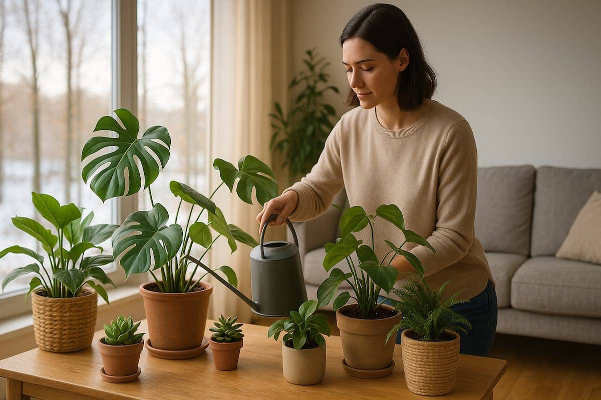 Eine Person gießt im hellen Wohnzimmer mehrere Zimmerpflanzen bei Winterlicht, symbolisch für „Zimmerpflanzen im Winter gießen“