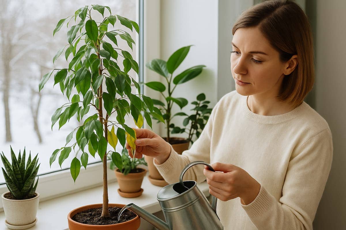 Frau überprüft gelbe Blätter einer Zimmerpflanze am Winterfenster und gießt sie vorsichtig – typische Pflege für Zimmerpflanzen Winter.