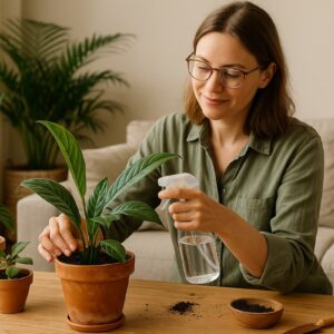 Frau pflegt Zimmerpflanzen im hellen Wohnzimmer – sanfte biophilic Pflege, um Zimmerpflanzen retten zu können nach den Feiertagen