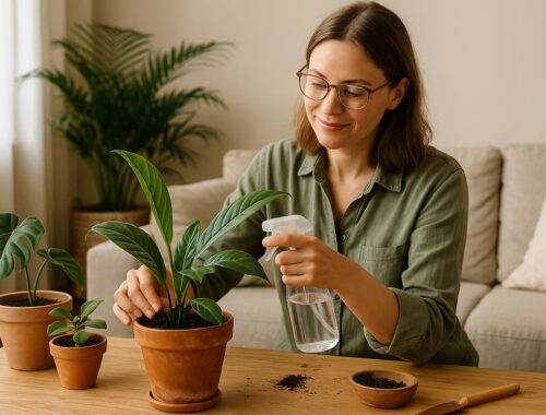 Frau pflegt Zimmerpflanzen im hellen Wohnzimmer – sanfte biophilic Pflege, um Zimmerpflanzen retten zu können nach den Feiertagen