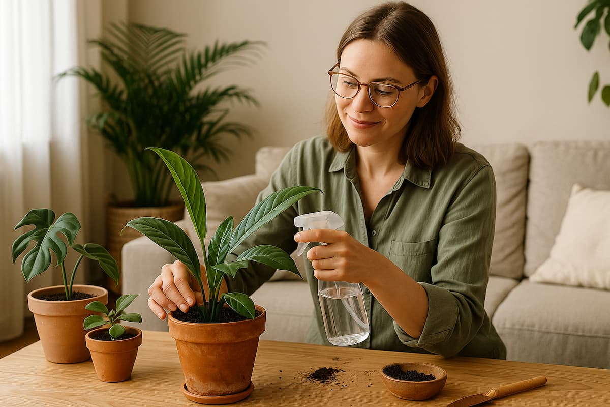 Frau pflegt Zimmerpflanzen im hellen Wohnzimmer – sanfte biophilic Pflege, um Zimmerpflanzen retten zu können nach den Feiertagen