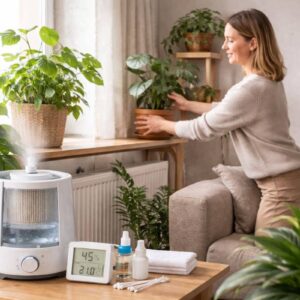 Zimmerpflanzen und Heizungsluft: Frau stellt Zimmerpflanzen im Winter vom Heizkörper weg, Luftbefeuchter und Hygrometer sorgen für gesundes Raumklima im Wohnzimmer.