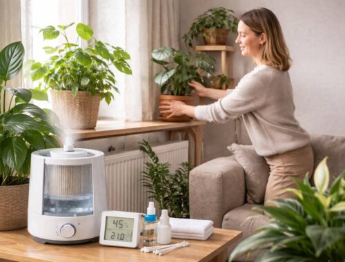 Zimmerpflanzen und Heizungsluft: Frau stellt Zimmerpflanzen im Winter vom Heizkörper weg, Luftbefeuchter und Hygrometer sorgen für gesundes Raumklima im Wohnzimmer.