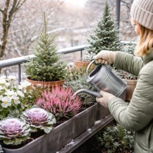 Winterharte Balkonpflanzen auf einem winterlichen Stadtbalkon mit immergrünen Kübelpflanzen, Schneeheide und Zierkohl bei sanftem Winterlicht.