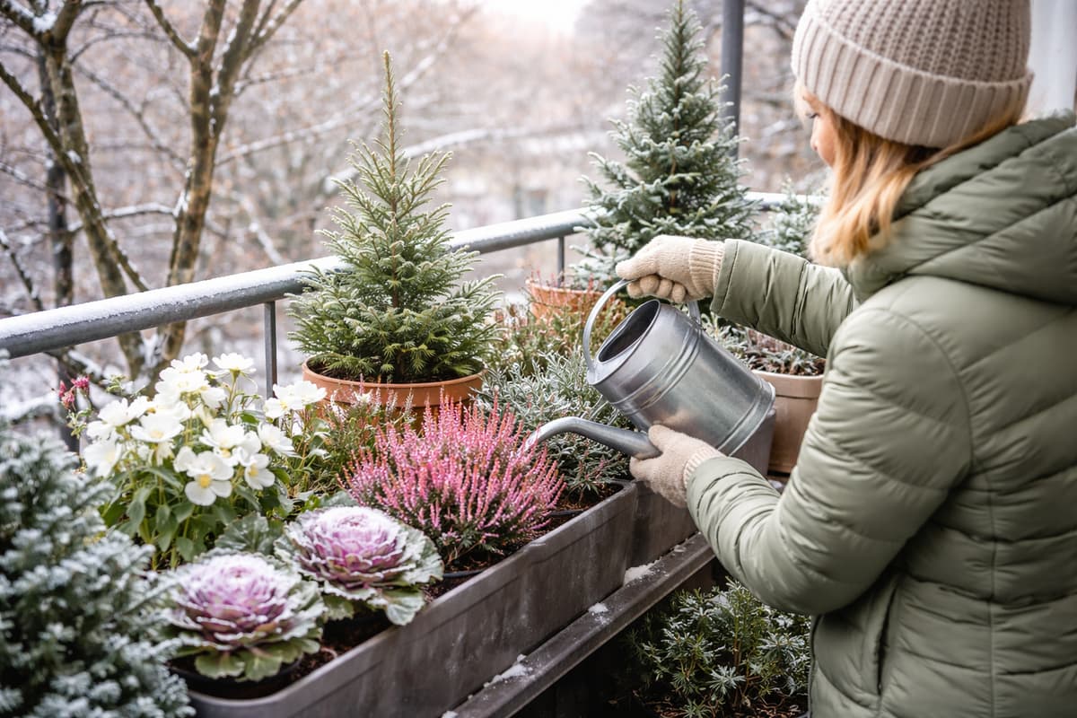 Winterharte Balkonpflanzen auf einem winterlichen Stadtbalkon mit immergrünen Kübelpflanzen, Schneeheide und Zierkohl bei sanftem Winterlicht.