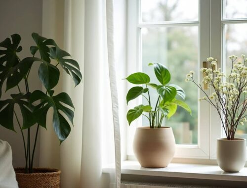 Welche winterharten Zimmerpflanzen eignen sich wirklich für kühle Räume? 9 Helle Fensterbank mit winterharten Zimmerpflanzen, darunter Monstera und weitere Grünpflanzen in neutralen Töpfen, im natürlichen Tageslicht.