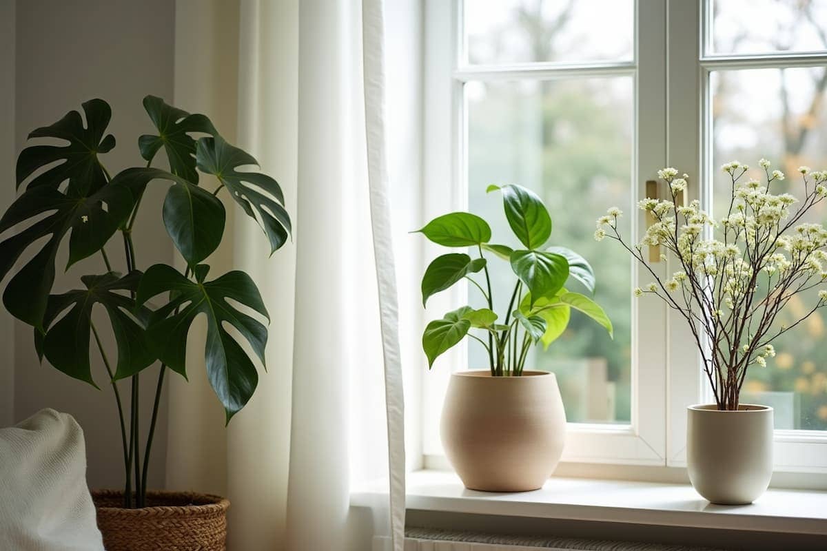 Helle Fensterbank mit winterharten Zimmerpflanzen, darunter Monstera und weitere Grünpflanzen in neutralen Töpfen, im natürlichen Tageslicht.
