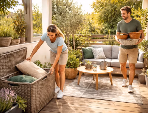 Paar räumt auf einer sonnigen Terrasse Kissen und Körbe in eine Aufbewahrungsbox, Außenbereich aufräumen für mehr Platz und Ordnung im Freien