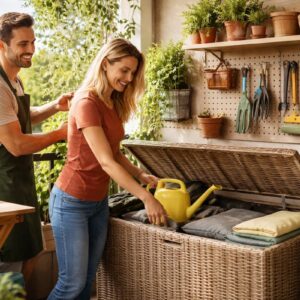 Balkon Aufbewahrung: Frau und Mann sortieren Balkonzubehör in eine große Truhe, Werkzeugwand und Regal sorgen für Ordnung auf dem Balkon.