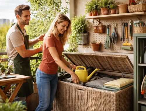 Balkon Aufbewahrung: Frau und Mann sortieren Balkonzubehör in eine große Truhe, Werkzeugwand und Regal sorgen für Ordnung auf dem Balkon.