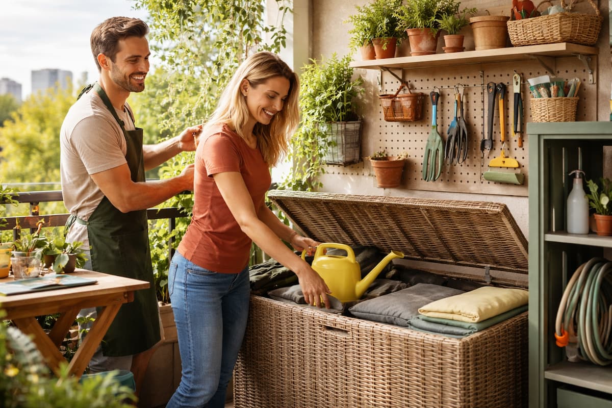 Balkon Aufbewahrung: Frau und Mann sortieren Balkonzubehör in eine große Truhe, Werkzeugwand und Regal sorgen für Ordnung auf dem Balkon.