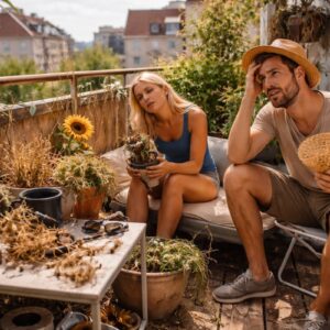 Balkon Ausrichtung: Gestresstes Paar sitzt auf überhitztem, chaotischem Balkon zwischen vertrockneten Pflanzen und fehlendem Sonnenschutz