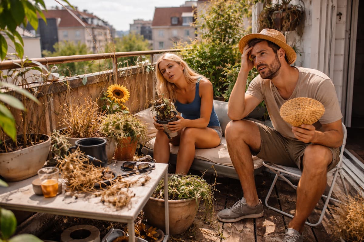 Balkon Ausrichtung: Gestresstes Paar sitzt auf überhitztem, chaotischem Balkon zwischen vertrockneten Pflanzen und fehlendem Sonnenschutz