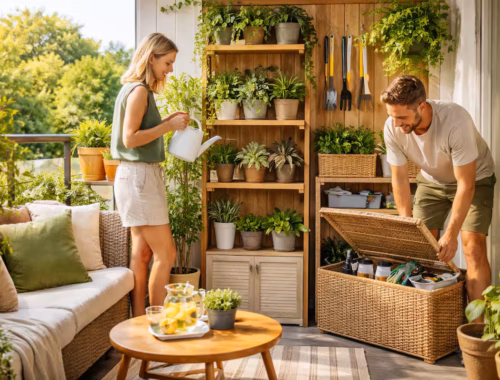 Ordentlich gestalteter Balkon mit klaren Zonen, Stauraumbox und Pflanzenregal beim Balkon Makeover, während zwei Personen Pflanzen pflegen und Zubehör einsortieren