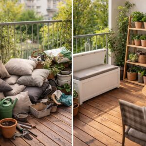 Vorher-Nachher-Vergleich eines kleinen Balkons: links chaotisch mit Kissen und Blumentöpfen, rechts aufgeräumt mit Sitzbank und Regal – Beispiel für Balkon Ordnung