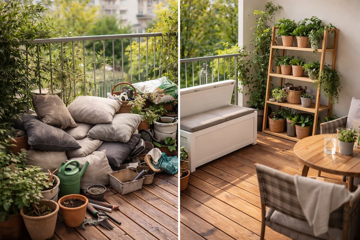 Vorher-Nachher-Vergleich eines kleinen Balkons: links chaotisch mit Kissen und Blumentöpfen, rechts aufgeräumt mit Sitzbank und Regal – Beispiel für Balkon Ordnung