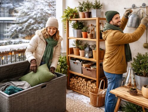 Balkon Ordnungsprojekt im Winter: Zwei Personen schaffen Ordnung auf einem aufgeräumten Balkon mit Stauraumbox, Regalen, Pflanzen und Winterlicht.
