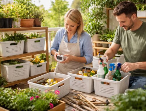 Balkon Zubehör sortieren: Zwei Personen ordnen Gartenwerkzeug und Pflegezubehör in beschriftete Boxen auf einem bepflanzten Balkon mit Regal und Stauraumkisten.