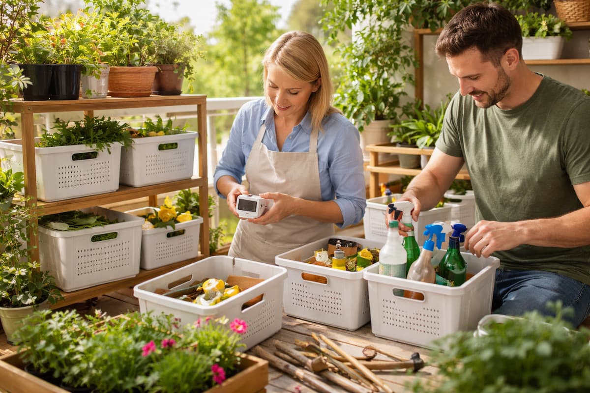 Balkon Zubehör sortieren: Zwei Personen ordnen Gartenwerkzeug und Pflegezubehör in beschriftete Boxen auf einem bepflanzten Balkon mit Regal und Stauraumkisten.
