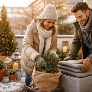 Paar räumt im Winter den Balkon auf und schützt Pflanzen und Möbel vor Frost beim Balkon aufräumen