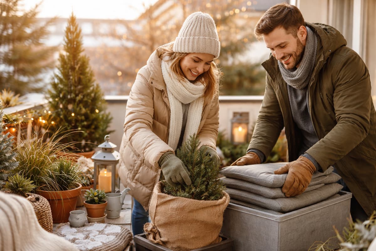 Paar räumt im Winter den Balkon auf und schützt Pflanzen und Möbel vor Frost beim Balkon aufräumen
