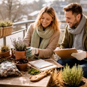 Ein Paar plant auf einem winterlichen Balkon die neue Saison, prüft Pflanzentöpfe und Notizen – Balkon planen im Winter mit Fokus auf Vorbereitung und Organisation.