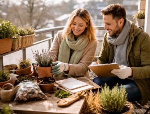 Ein Paar plant auf einem winterlichen Balkon die neue Saison, prüft Pflanzentöpfe und Notizen – Balkon planen im Winter mit Fokus auf Vorbereitung und Organisation.