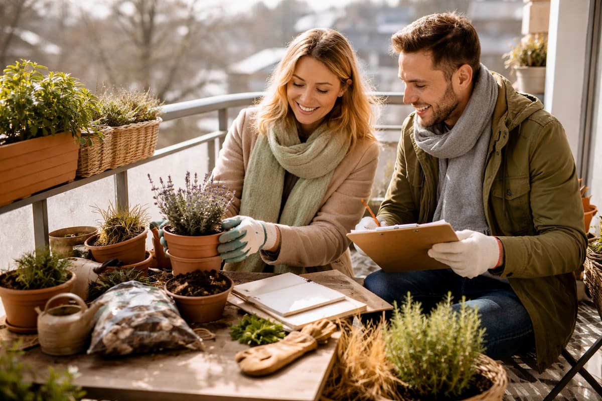 Ein Paar plant auf einem winterlichen Balkon die neue Saison, prüft Pflanzentöpfe und Notizen – Balkon planen im Winter mit Fokus auf Vorbereitung und Organisation.