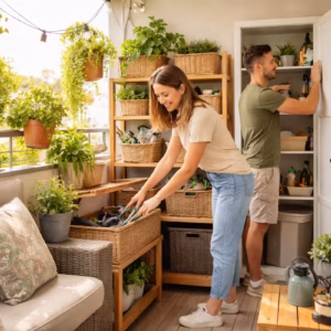 Helles Balkonfoto mit Paar beim Aufräumen und Sortieren von Pflanzen, Körben und Stauraum – Balkon sortieren für mehr Platz und Ordnung im Alltag