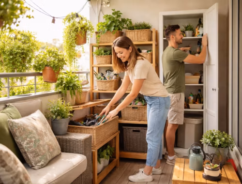 Helles Balkonfoto mit Paar beim Aufräumen und Sortieren von Pflanzen, Körben und Stauraum – Balkon sortieren für mehr Platz und Ordnung im Alltag