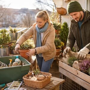 Paar bereitet im Winter den Balkon vor: Pflanzen kontrollieren, Töpfe ordnen und Winterschutz anbringen – Balkon vorbereiten im Januar für einen entspannten Frühling.