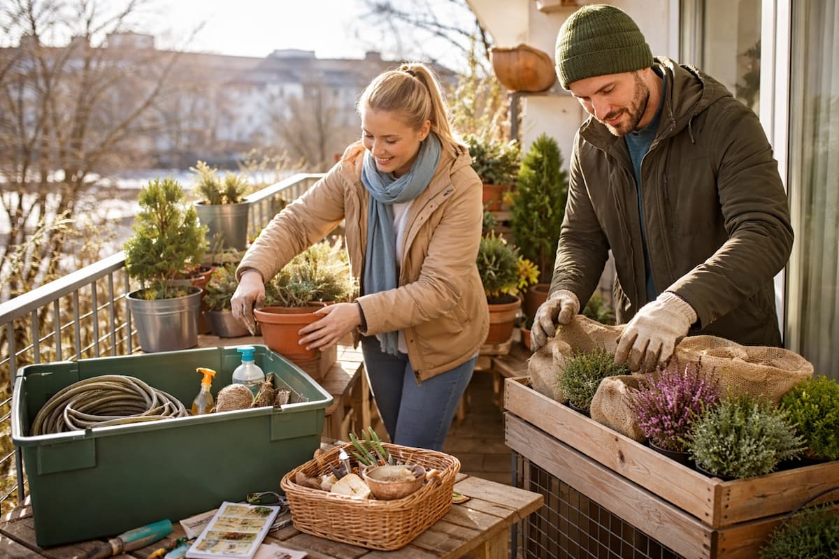 Paar bereitet im Winter den Balkon vor: Pflanzen kontrollieren, Töpfe ordnen und Winterschutz anbringen – Balkon vorbereiten im Januar für einen entspannten Frühling.