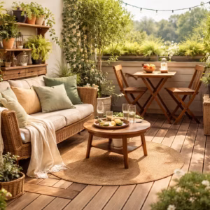 Modern gestalteter Balkon mit klar abgegrenzter Sitz- und Pflanzzone, Holzboden, Lounge-Sofa und Esstisch – Beispiel für Balkon zonieren mit Struktur und Platzgefühl