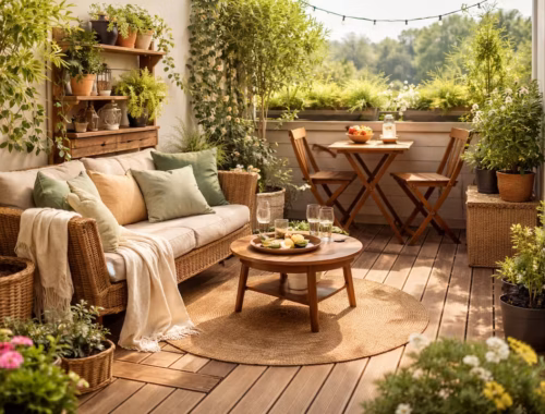 Modern gestalteter Balkon mit klar abgegrenzter Sitz- und Pflanzzone, Holzboden, Lounge-Sofa und Esstisch – Beispiel für Balkon zonieren mit Struktur und Platzgefühl