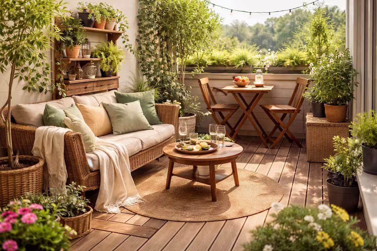 Modern gestalteter Balkon mit klar abgegrenzter Sitz- und Pflanzzone, Holzboden, Lounge-Sofa und Esstisch – Beispiel für Balkon zonieren mit Struktur und Platzgefühl