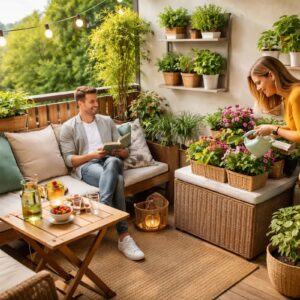 Kleiner, modern gestalteter Balkon mit klaren Zonen, Sitzbereich, Pflanzenwand und Stauraumbank, auf dem ein Paar entspannt – Beispiel für Balkonfläche nutzen im Alltag